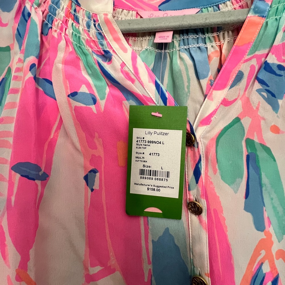 Lilly Pulitzer Elsa Out to Sea 100% silk  Pink and Blue Leaf Print Blouse NWT - Picture 2 of 4